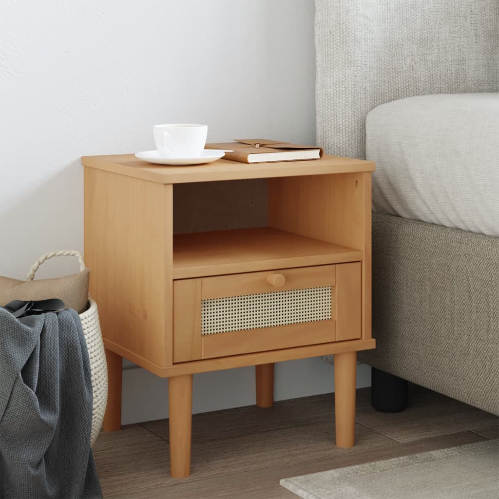 Rattan and Pine Solid Wood Nightstand