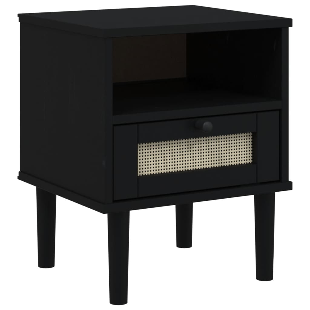 Rattan and Pine Solid Wood Nightstand
