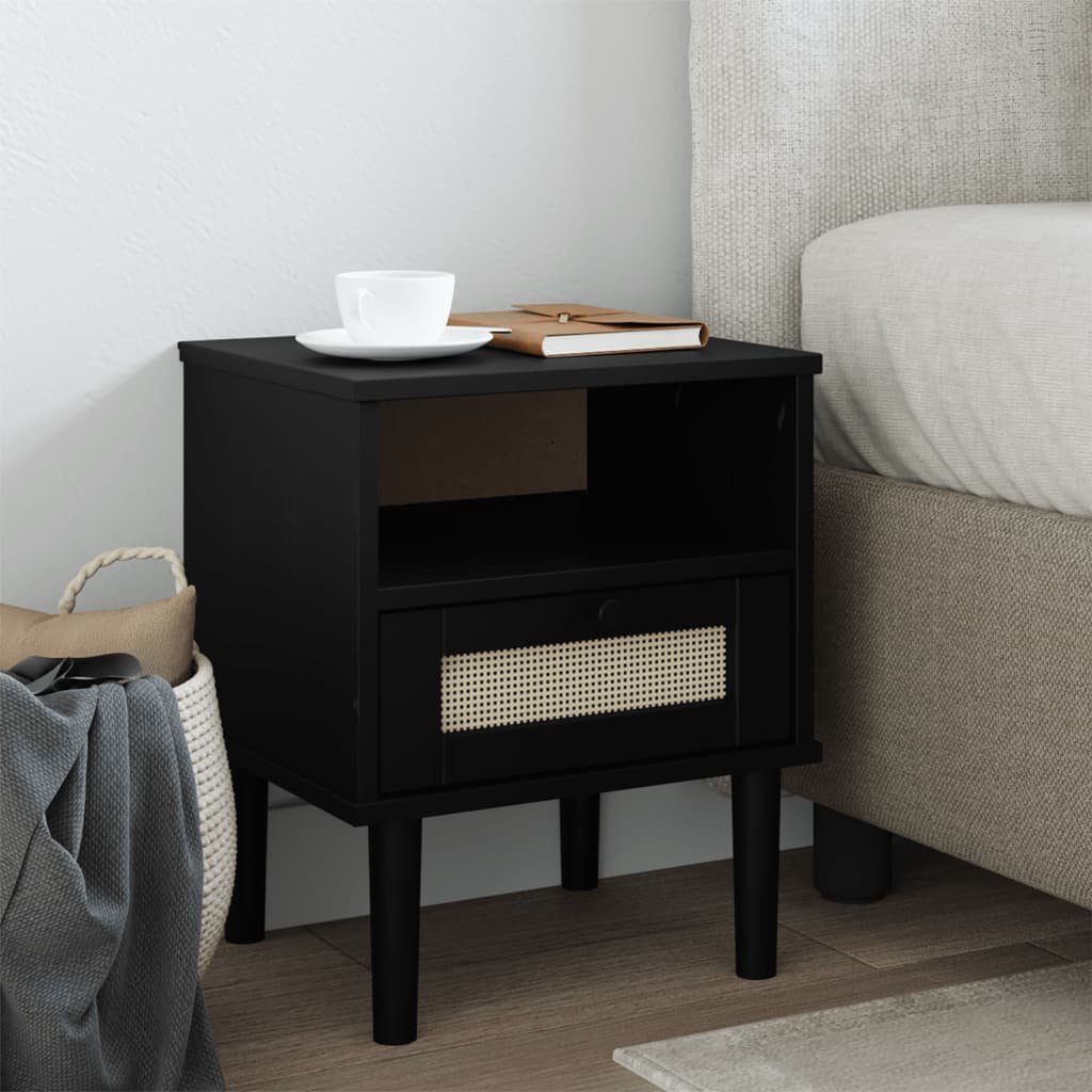Rattan and Pine Solid Wood Nightstand