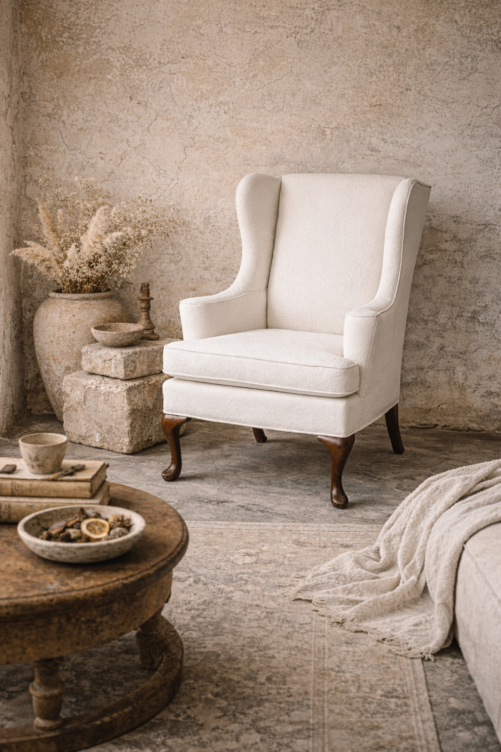 Vintage Hickory Wingback Chair – Cream Upholstered – Queen Anne Legs – Classic English Style Accent Chair