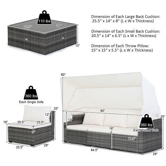 6 Pieces Patio Rattan Furniture Set with Retractable Canopy