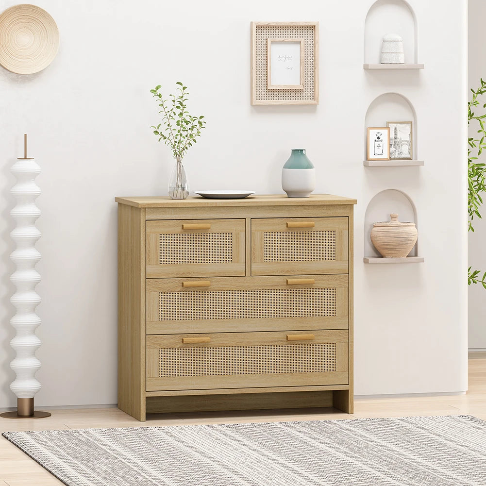 4-Drawers Dresser Modern Rattan Storage Cabinet Wooden Chest of Drawers For Bedroom Living Room Entryway Dining Room Hallway