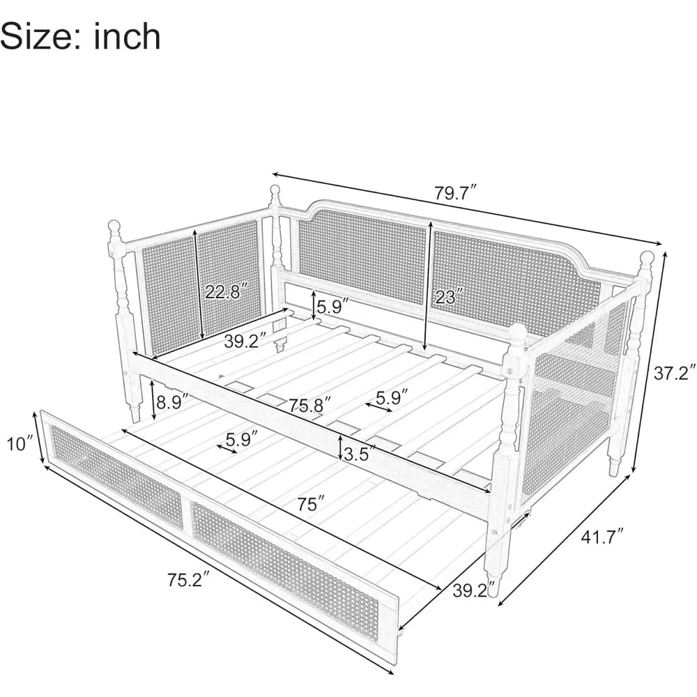Traditional Style Rattan Twin Size Daybed, Wood Daybed with Trundle for Small Space Guestroom, No Box Spring Needed, Antique Wal
