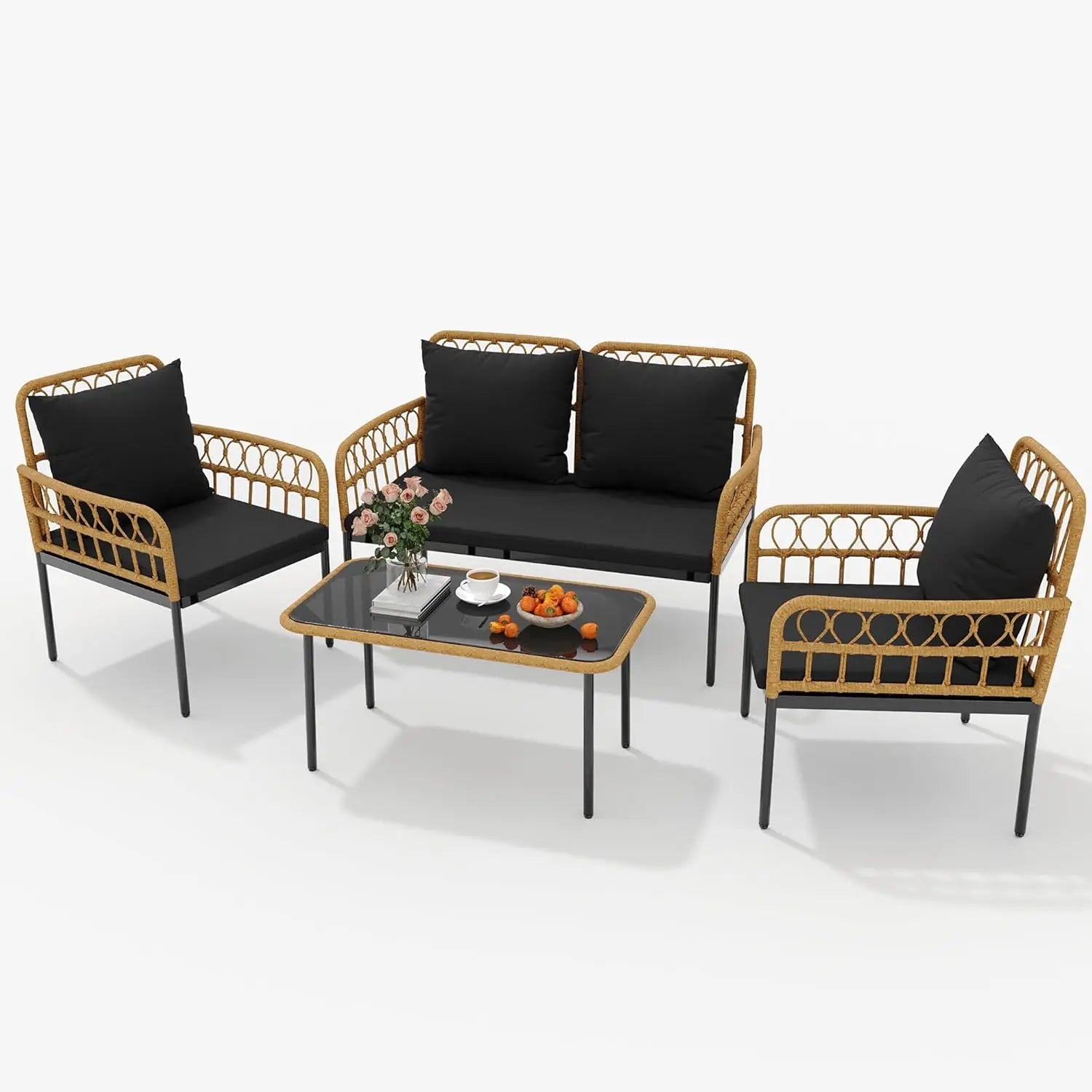 4 Pieces Patio Furniture Sets Wicker Outdoor Patio Table and Chairs Set with Glass Side Table, Loveseat Chairs, Boho Rattan