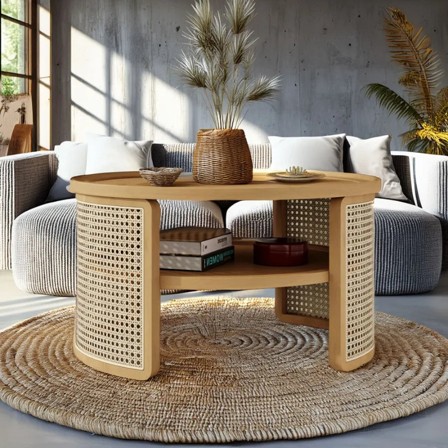 2Tiered Round Natural Wood Coffee Table with Storage Rattan Base in 31.3''
