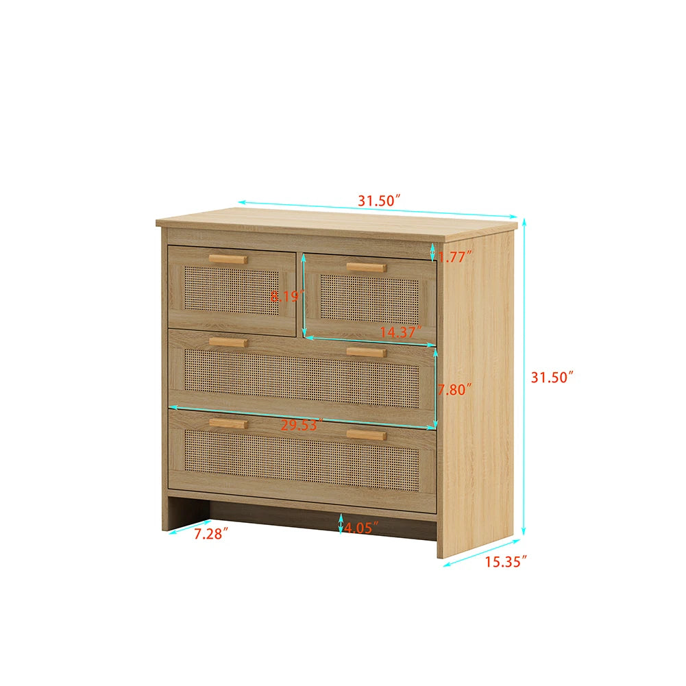 4-Drawers Dresser Modern Rattan Storage Cabinet Wooden Chest of Drawers For Bedroom Living Room Entryway Dining Room Hallway