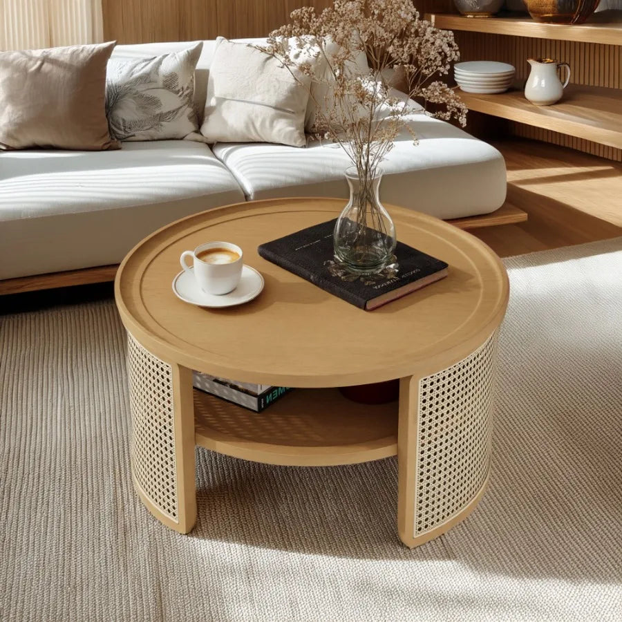 2Tiered Round Natural Wood Coffee Table with Storage Rattan Base in 31.3''