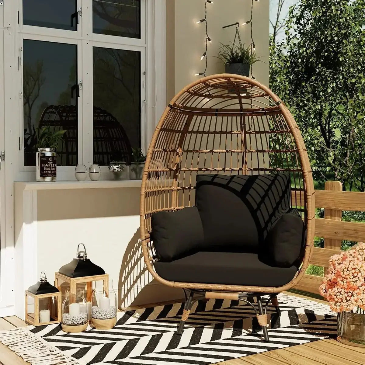 360° Swivel Egg Chair, Oversized Patio Rotating Basket Chair, Waterproof, Steel Frame & Metal Base, PE Rattan Lounge Chair