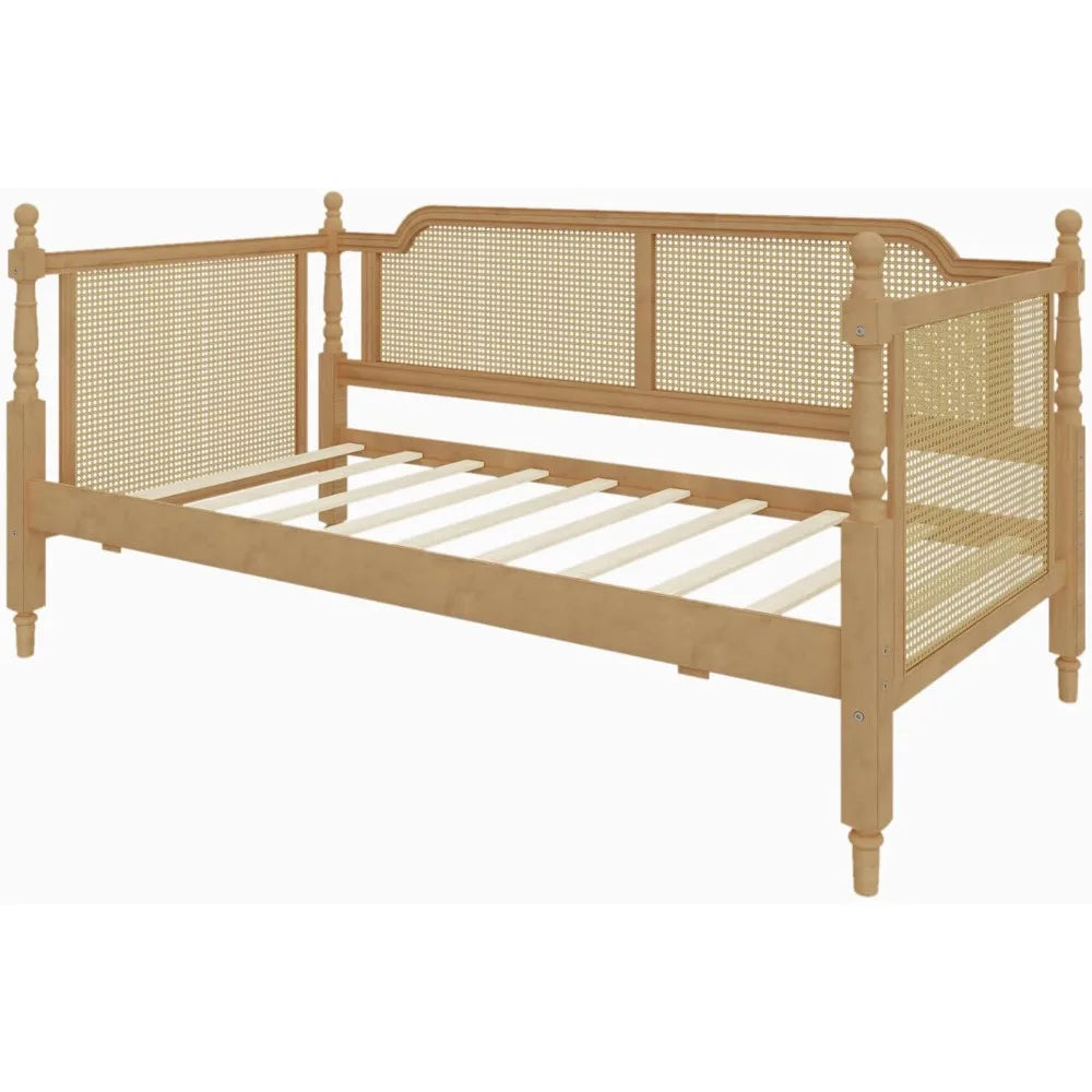 Traditional Style Rattan Twin Size Daybed, Wood Daybed with Trundle for Small Space Guestroom, No Box Spring Needed, Antique Wal