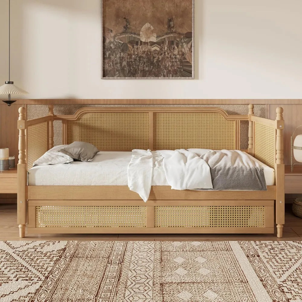 Traditional Style Rattan Twin Size Daybed, Wood Daybed with Trundle for Small Space Guestroom, No Box Spring Needed, Antique Wal