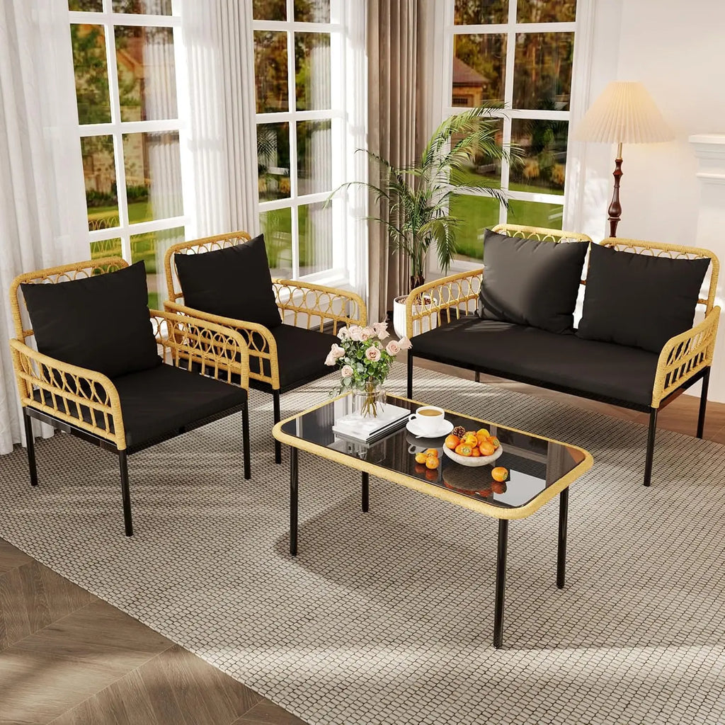 4 Pieces Patio Furniture Sets Wicker Outdoor Patio Table and Chairs Set with Glass Side Table, Loveseat Chairs, Boho Rattan