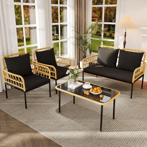 4 Pieces Patio Furniture Sets Wicker Outdoor Patio Table and Chairs Set with Glass Side Table, Loveseat Chairs, Boho Rattan