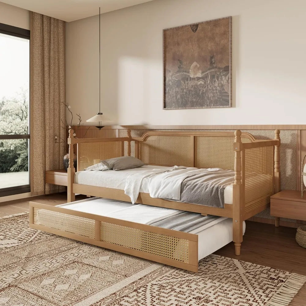 Traditional Style Rattan Twin Size Daybed, Wood Daybed with Trundle for Small Space Guestroom, No Box Spring Needed, Antique Wal