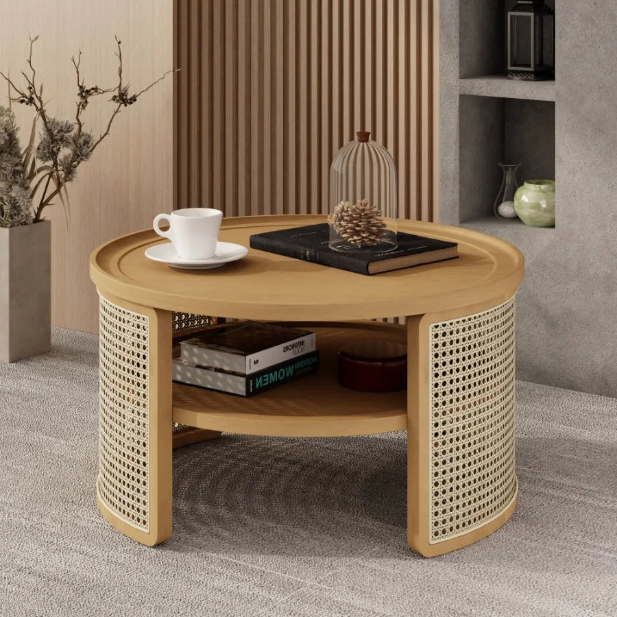 2Tiered Round Natural Wood Coffee Table with Storage Rattan Base in 31.3''
