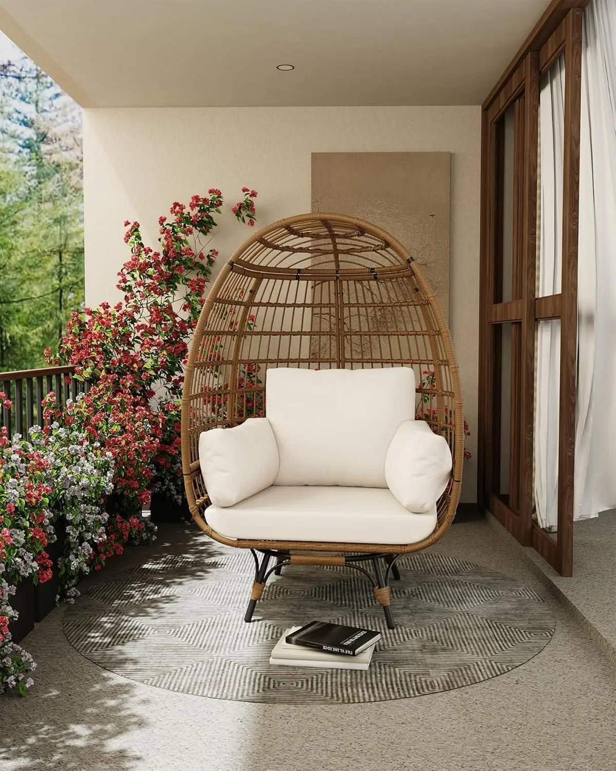 360° Swivel Egg Chair, Oversized Patio Rotating Basket Chair, Waterproof, Steel Frame & Metal Base, PE Rattan Lounge Chair