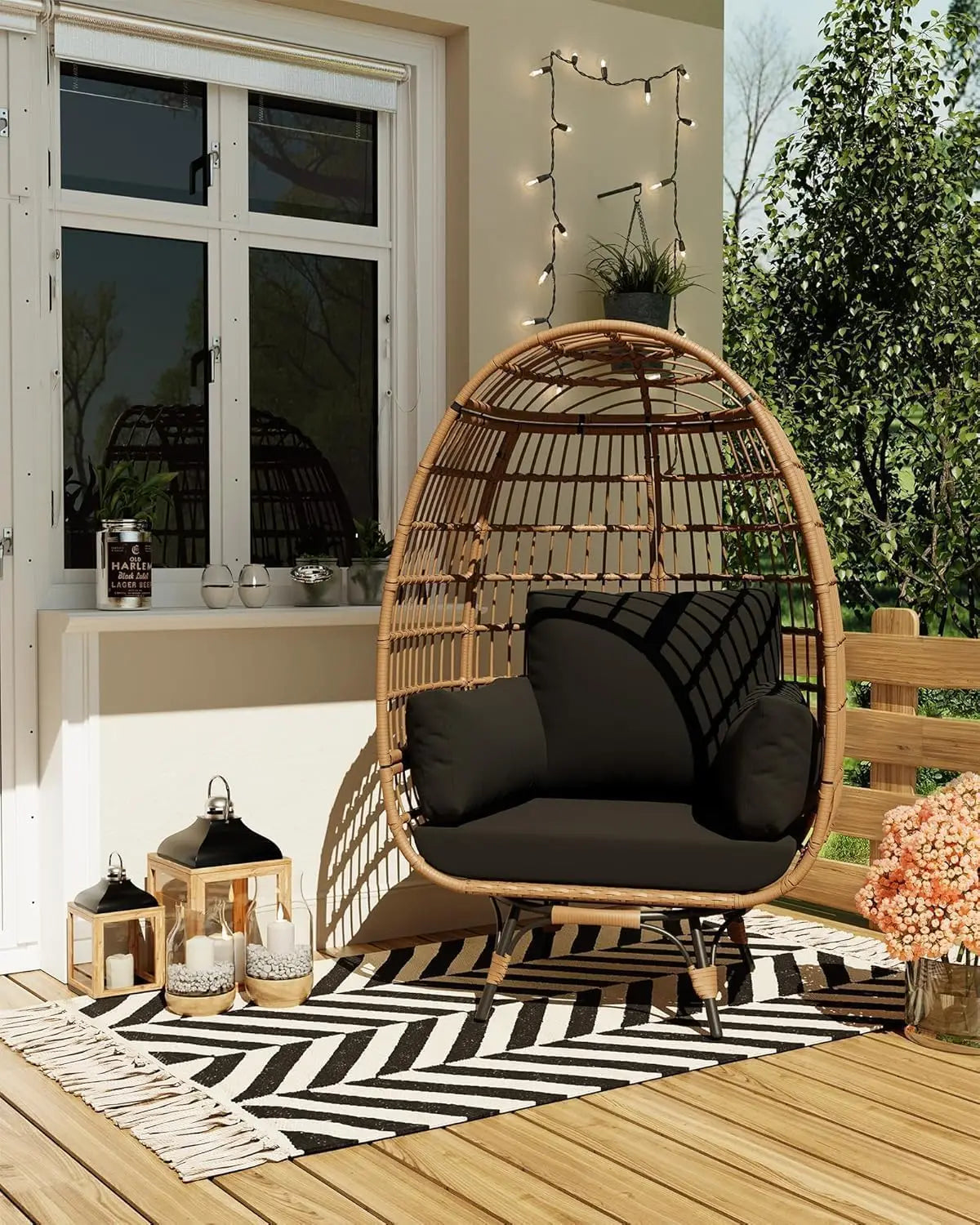 360° Swivel Egg Chair, Oversized Patio Rotating Basket Chair, Waterproof, Steel Frame & Metal Base, PE Rattan Lounge Chair