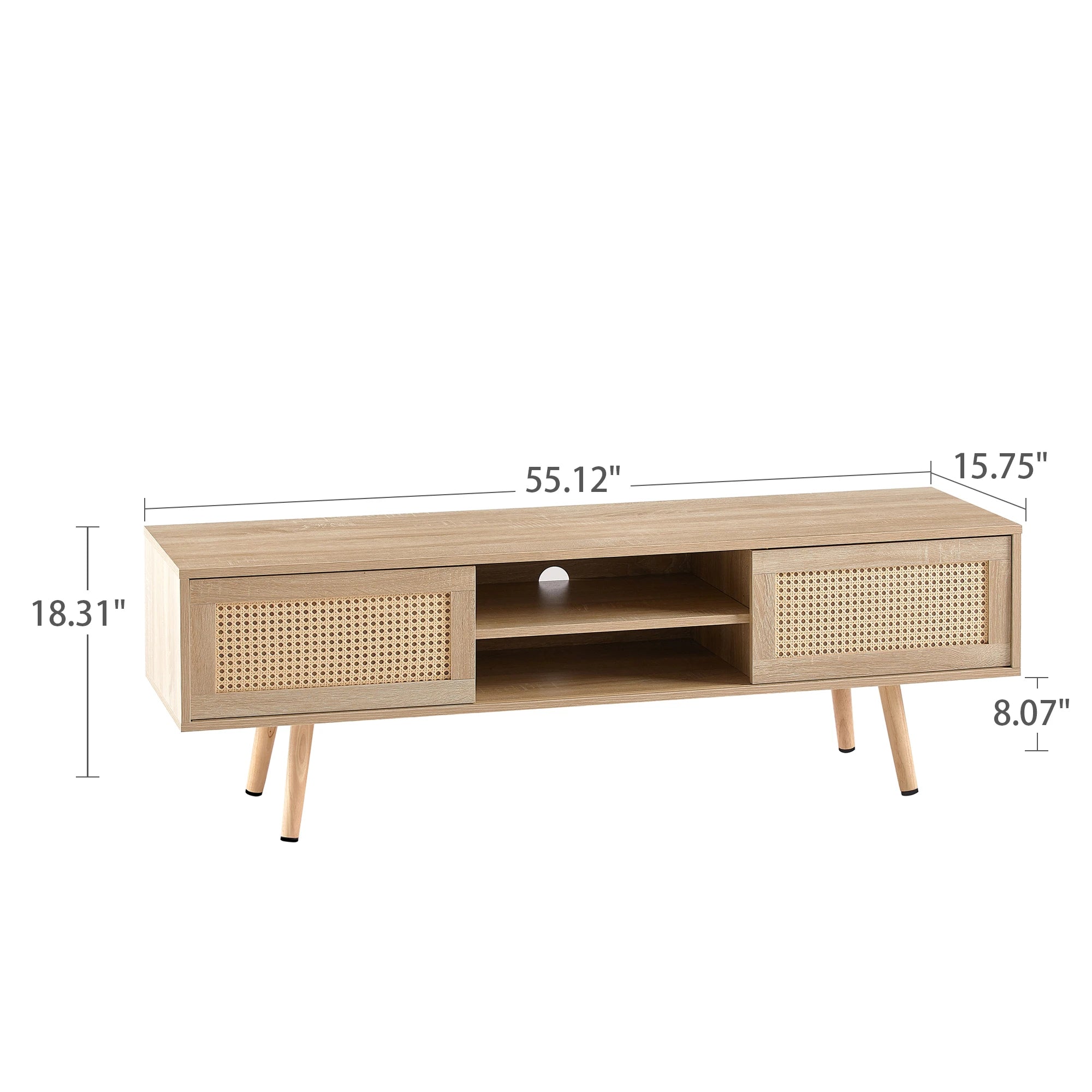 55.12" Rattan TV cabinet, double sliding doors for storage,  adjustable shelf, solid wood legs, TV console for living room ,natu