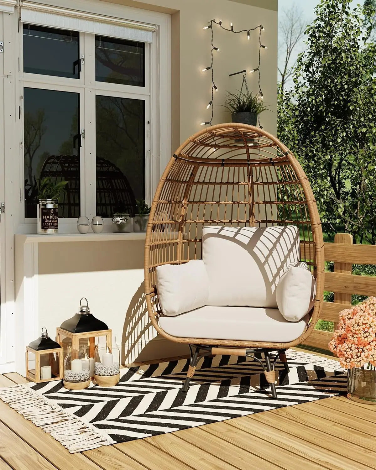 360° Swivel Egg Chair, Oversized Patio Rotating Basket Chair, Waterproof, Steel Frame & Metal Base, PE Rattan Lounge Chair