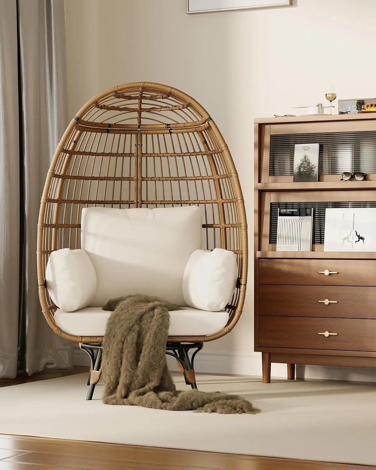 360° Swivel Egg Chair, Oversized Patio Rotating Basket Chair, Waterproof, Steel Frame & Metal Base, PE Rattan Lounge Chair