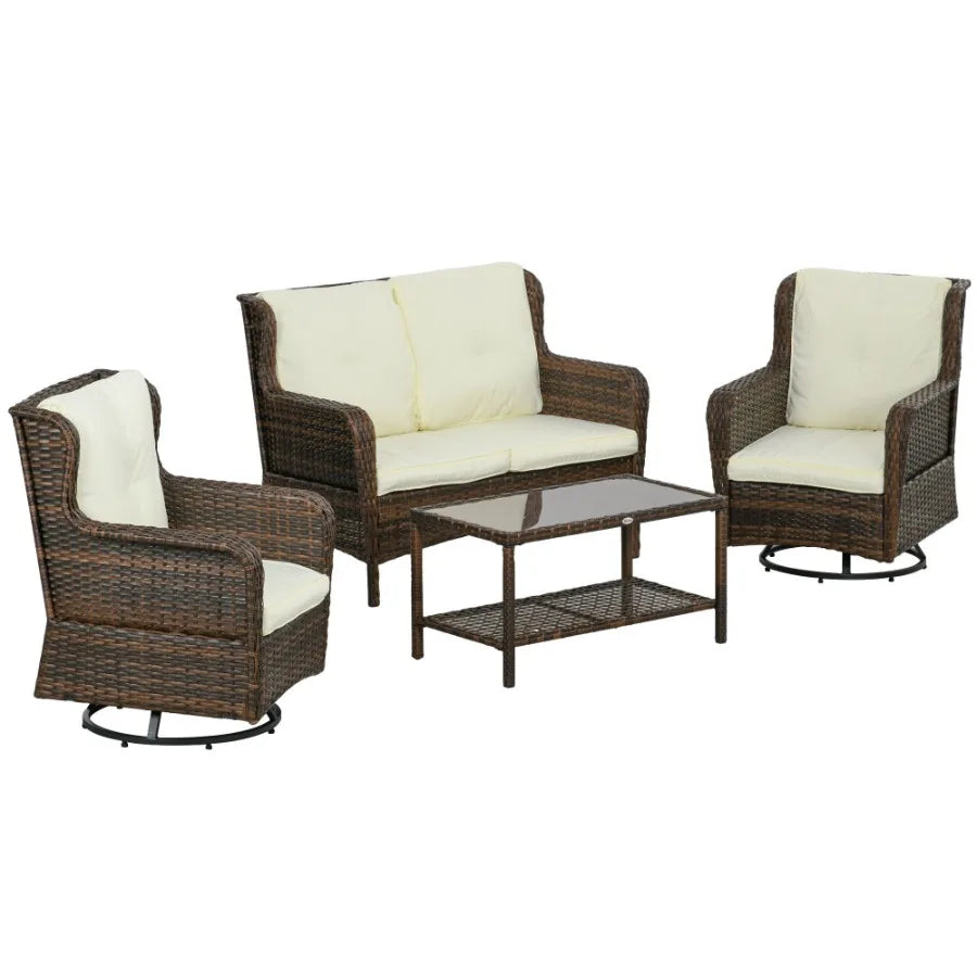 4pc Rattan Patio Set Outdoor Conversation with Swivel Rocking Chairs Cream