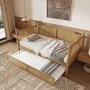 Traditional Style Rattan Twin Size Daybed, Wood Daybed with Trundle for Small Space Guestroom, No Box Spring Needed, Antique Wal