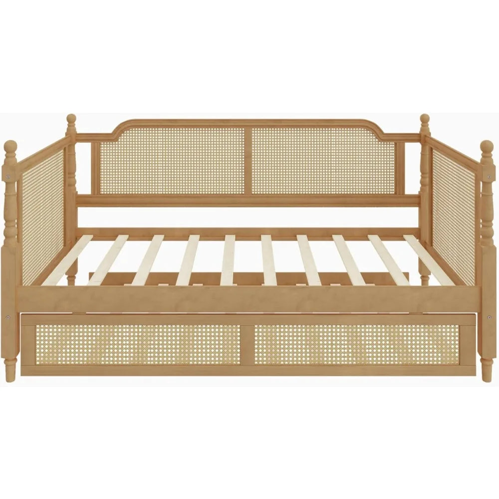 Traditional Style Rattan Twin Size Daybed, Wood Daybed with Trundle for Small Space Guestroom, No Box Spring Needed, Antique Wal