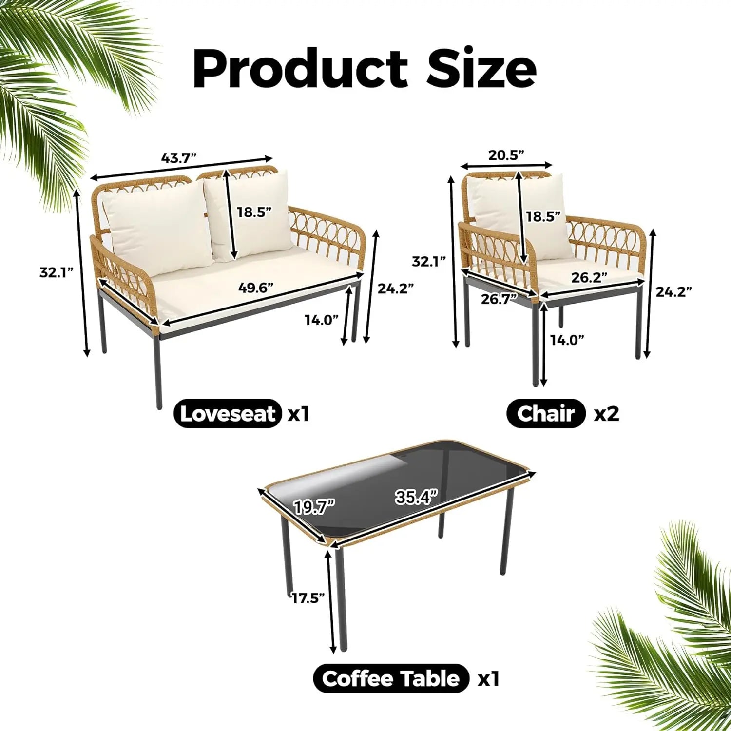 4 Pieces Patio Furniture Sets Wicker Outdoor Patio Table and Chairs Set with Glass Side Table, Loveseat Chairs, Boho Rattan