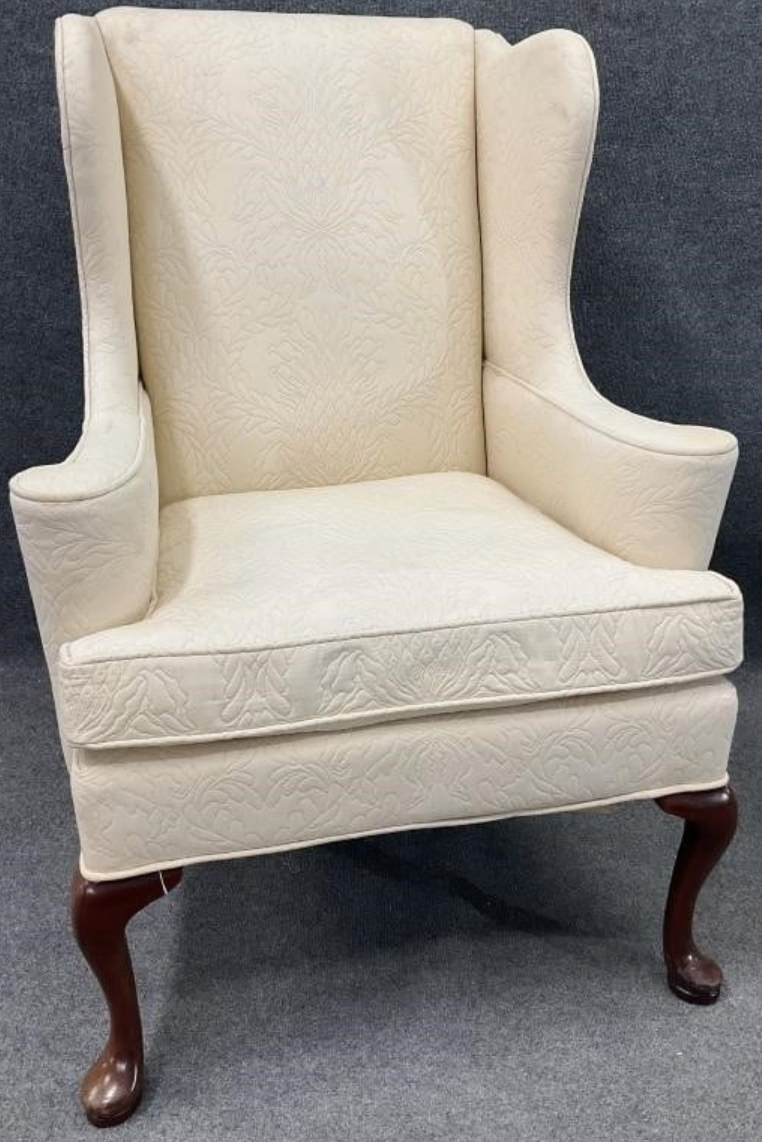 Vintage Hickory Wingback Chair – Cream Upholstered – Queen Anne Legs – Classic English Style Accent Chair