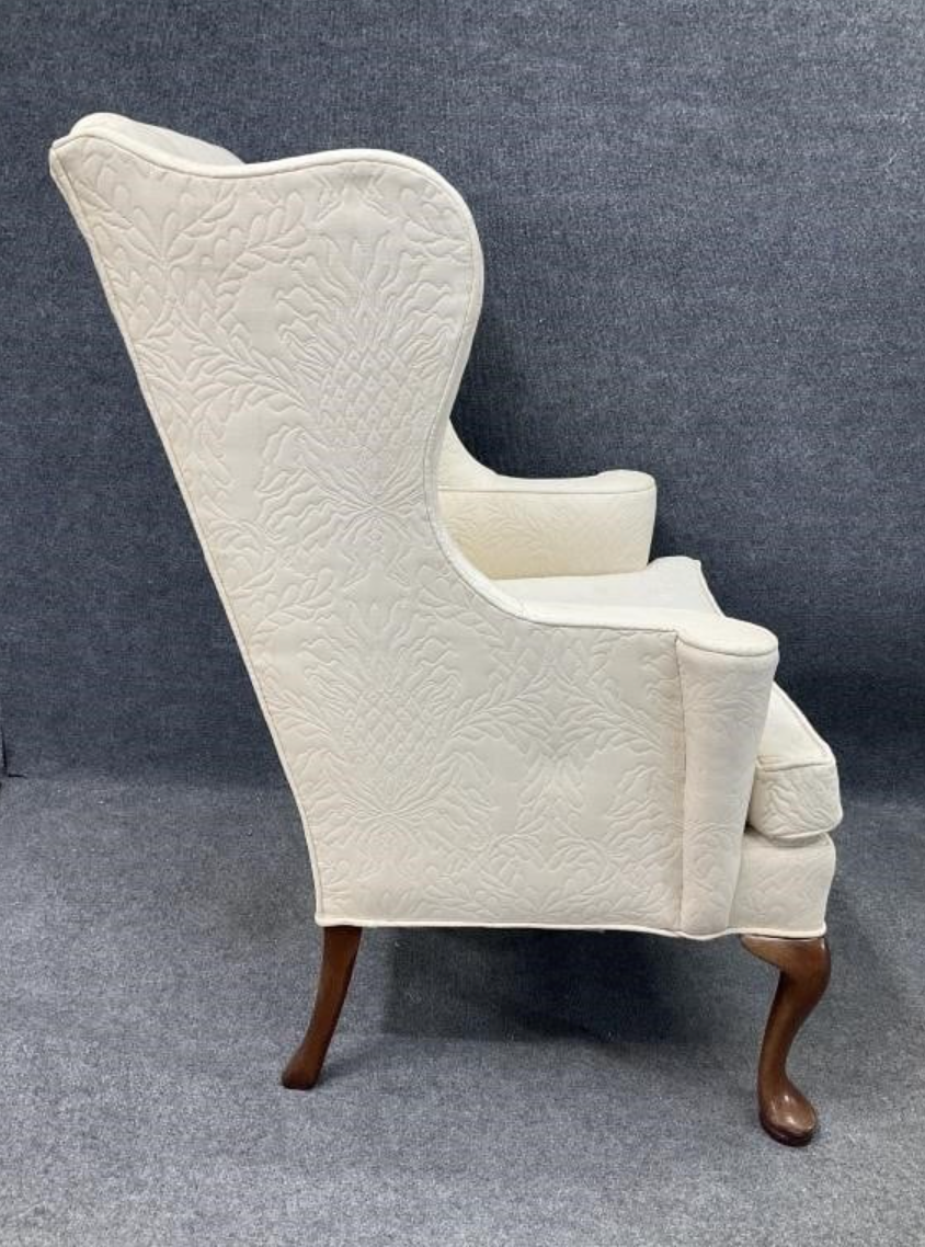 Vintage Hickory Wingback Chair – Cream Upholstered – Queen Anne Legs – Classic English Style Accent Chair