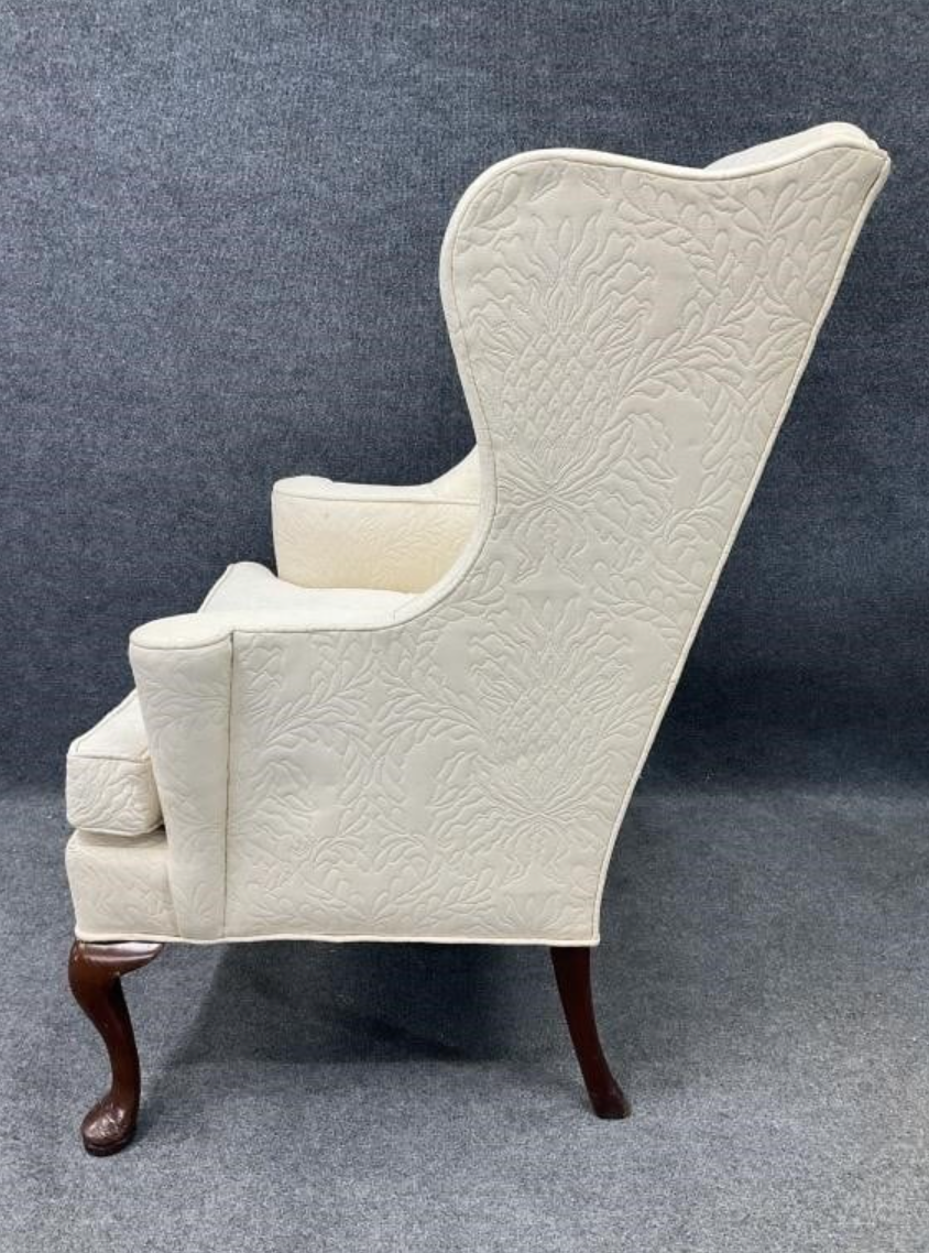Vintage Hickory Wingback Chair – Cream Upholstered – Queen Anne Legs – Classic English Style Accent Chair