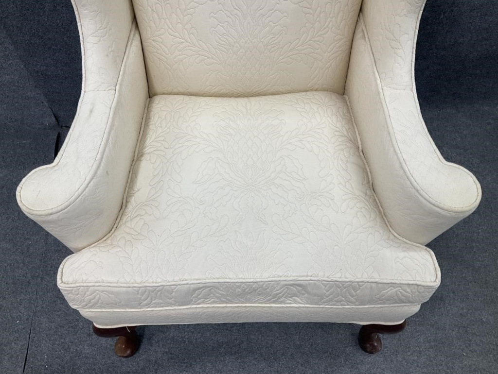 Vintage Hickory Wingback Chair – Cream Upholstered – Queen Anne Legs – Classic English Style Accent Chair