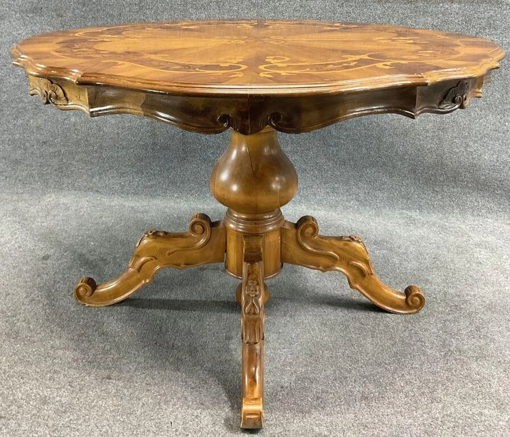 Antique English Hand-Carved Marquetry Inlaid Mahogany | Victorian Center Table